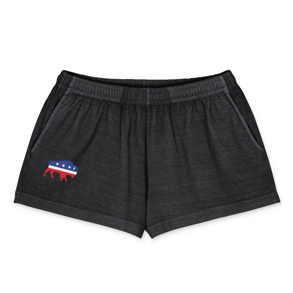Dark gray heathered athletic shorts with a red, white, and blue elephant graphic on the left leg, displayed on a solid white background.