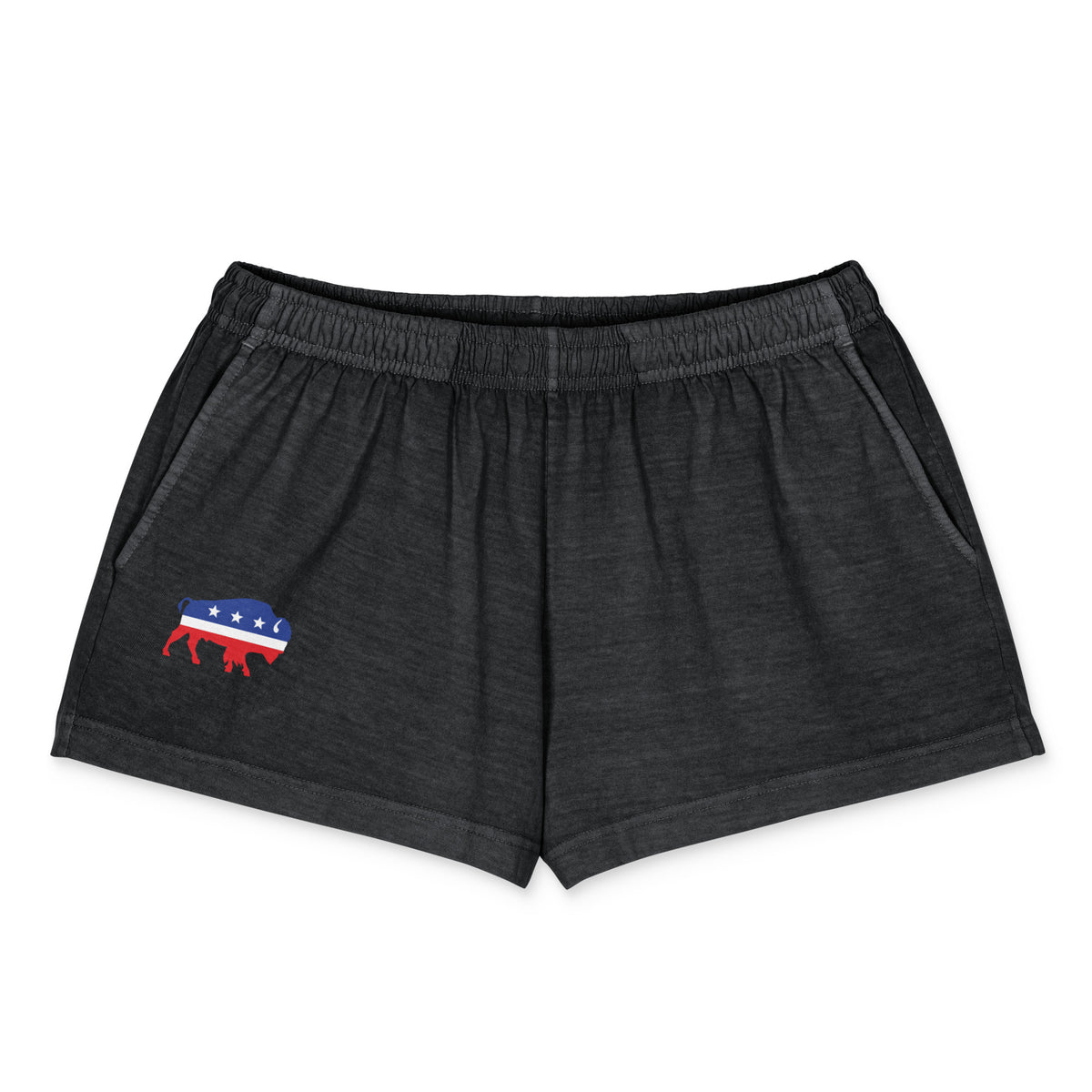 Dark gray heathered athletic shorts with a red, white, and blue elephant graphic on the left leg, displayed on a solid white background.