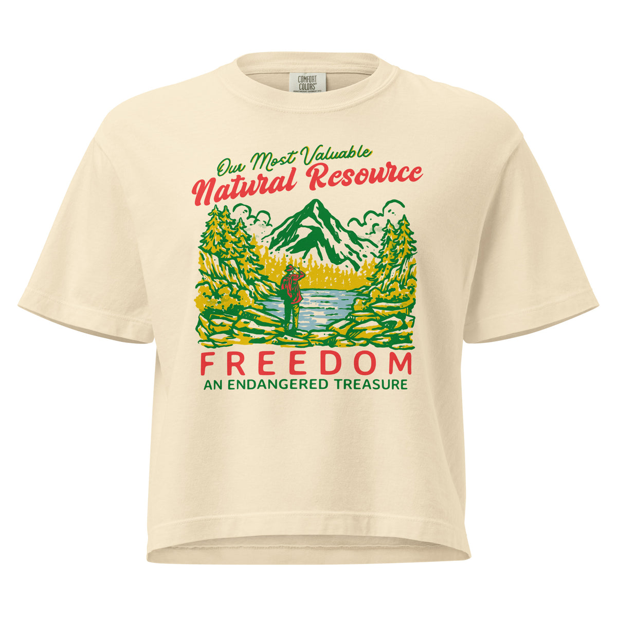 Beige t-shirt with nature-themed graphic and text on a white background