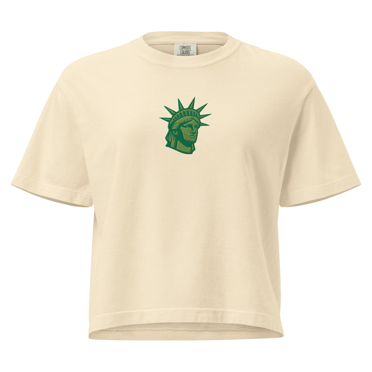 Embroidered Lady Liberty design on women’s boxy tee close-up