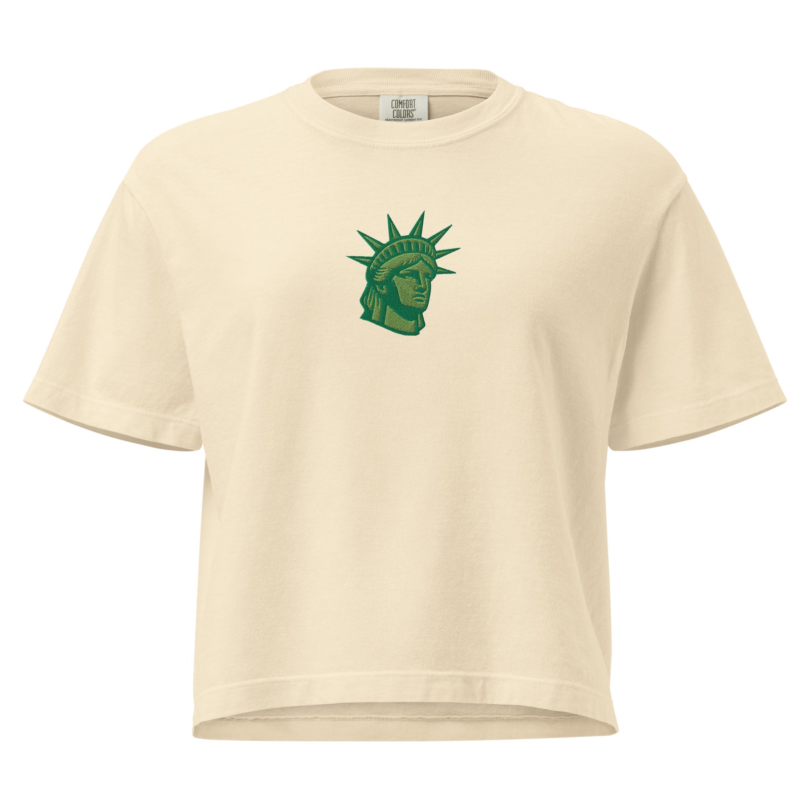 Embroidered Lady Liberty design on women’s boxy tee close-up