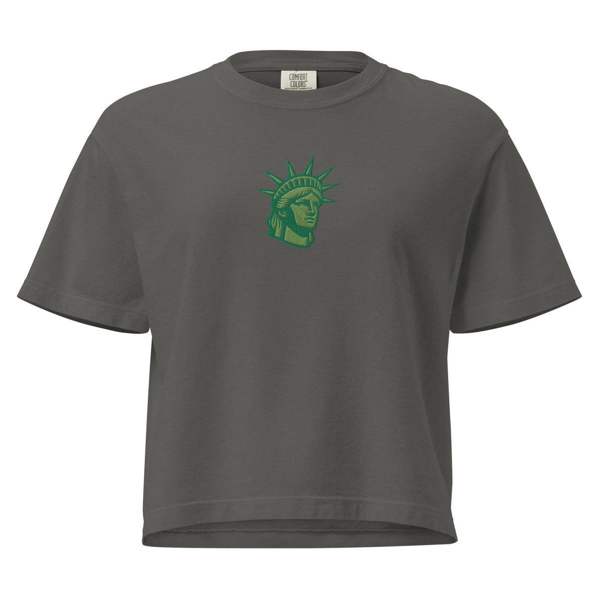Gray t-shirt with green Statue of Liberty graphic on a white background