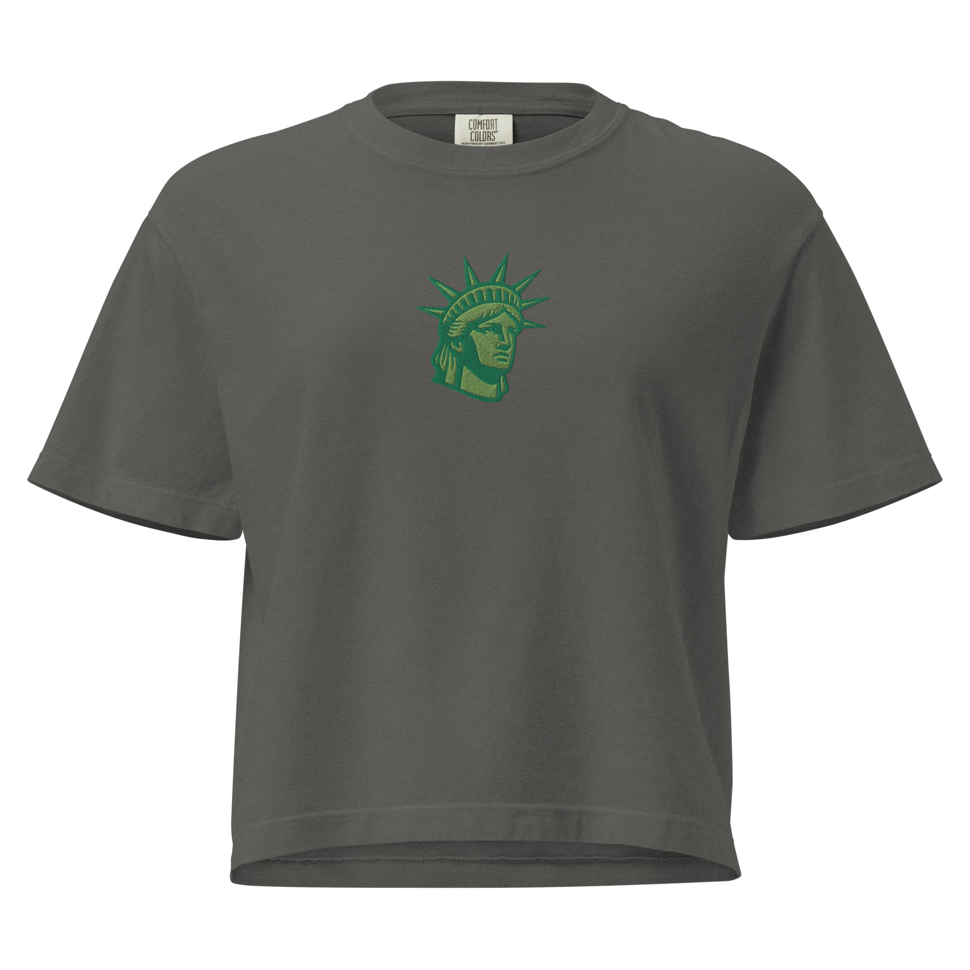 Gray t-shirt with green Statue of Liberty graphic on a white background