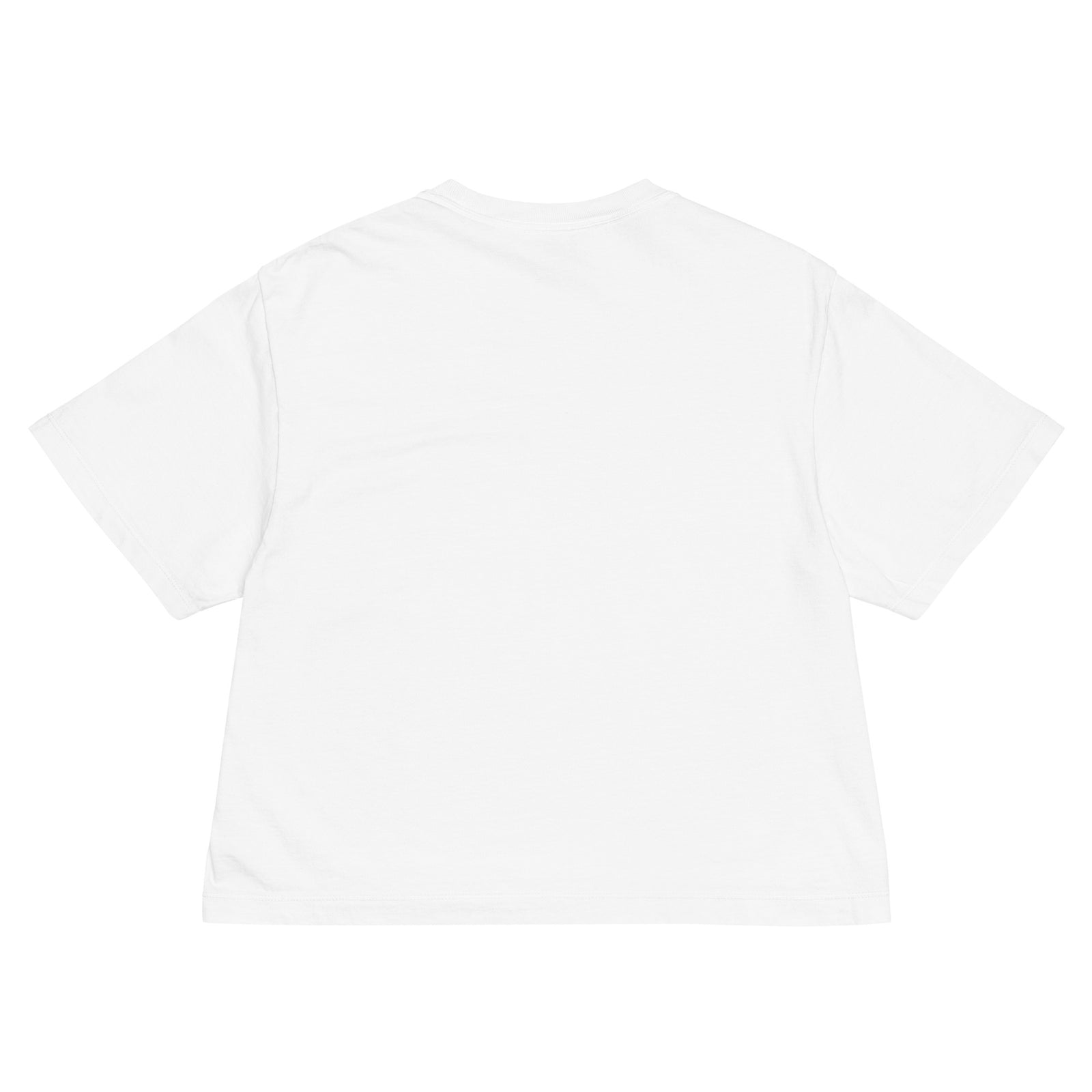 Flat lay of women’s embroidered Lady Liberty boxy t-shirt in white