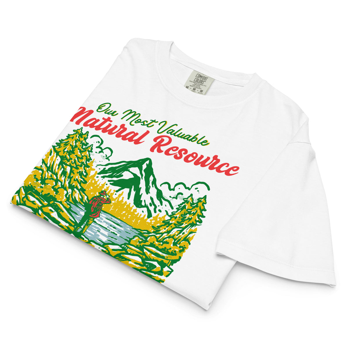 White t-shirt with nature-themed graphic and text on a white background