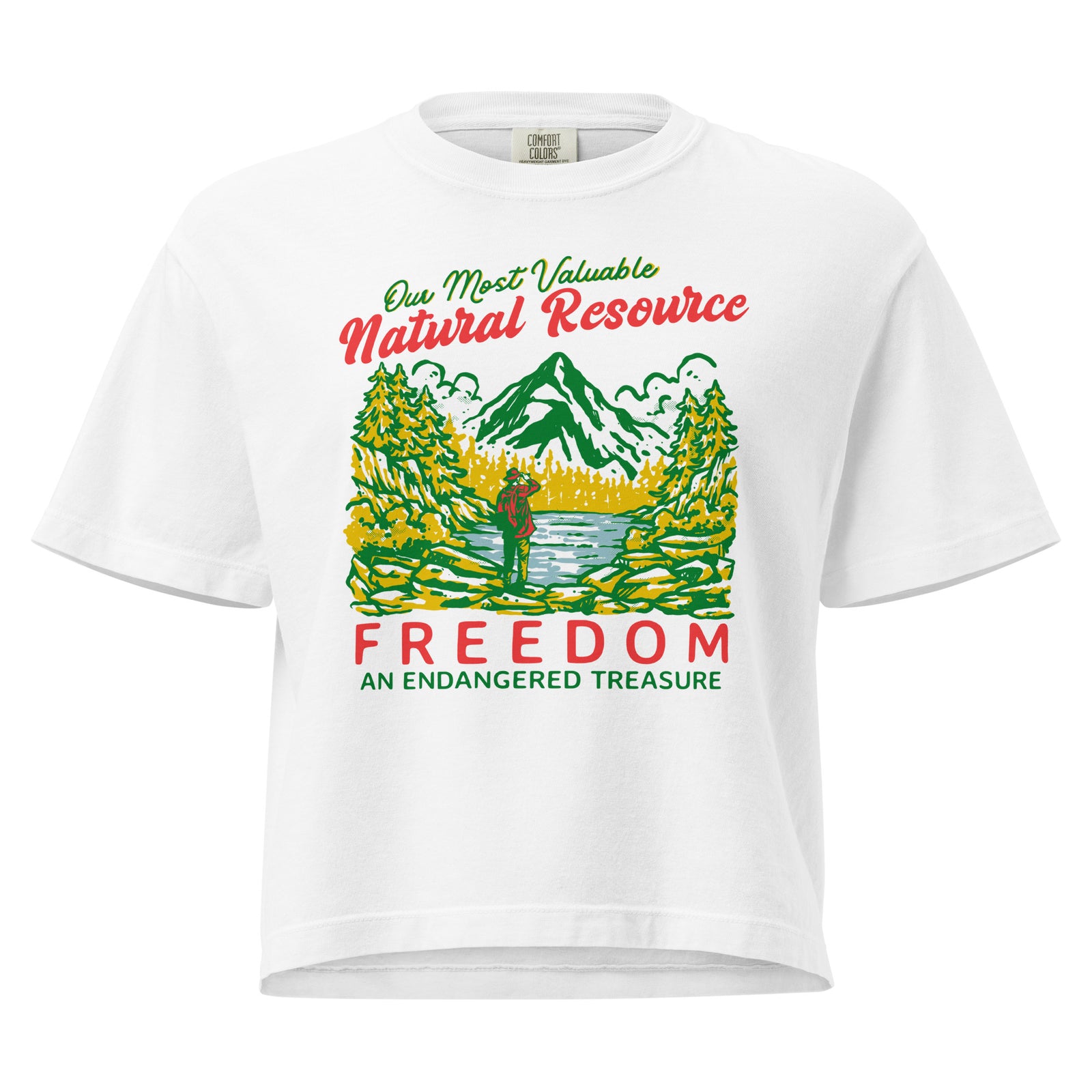 White t-shirt with nature-themed graphic and text on a white background