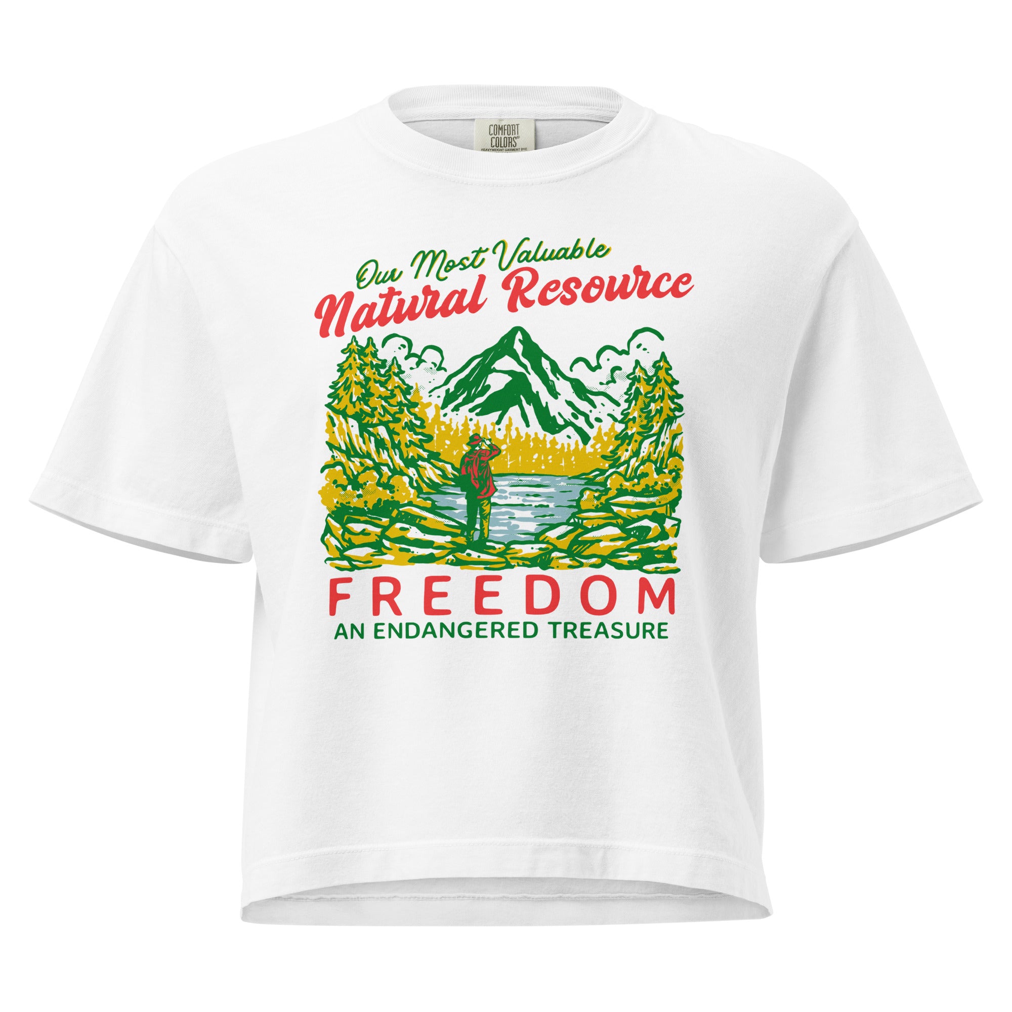 White t-shirt with nature-themed graphic and text on a white background