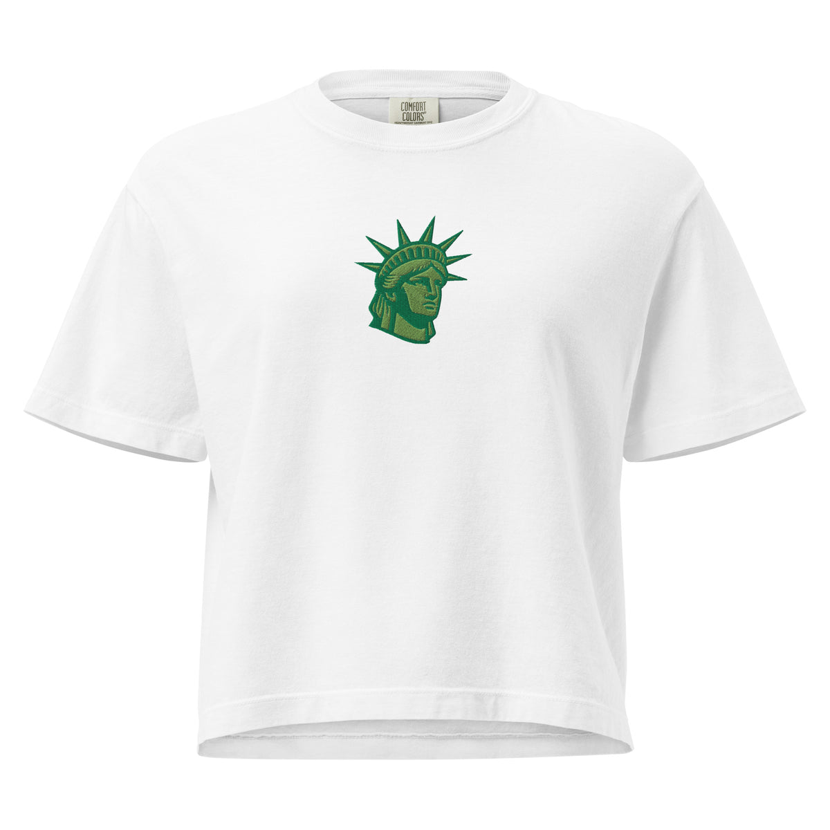 Embroidered Lady Liberty design on women’s boxy tee close-up
