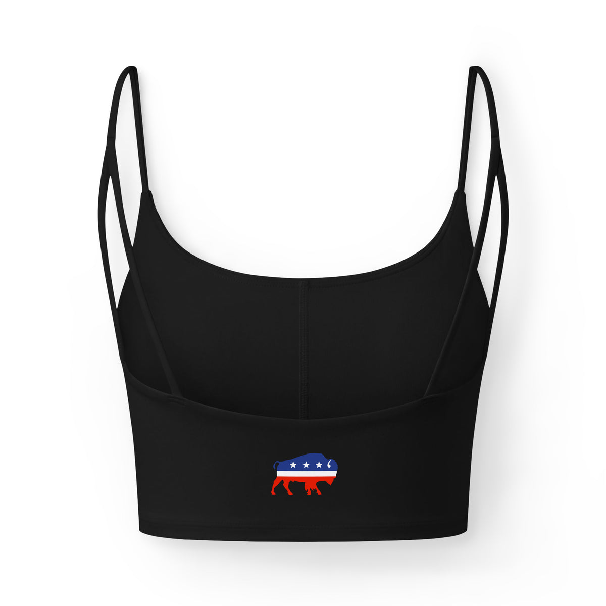 A black strappy crop top featuring a small red, white, and blue California Republic elephant graphic on the front, displayed against a solid white background.