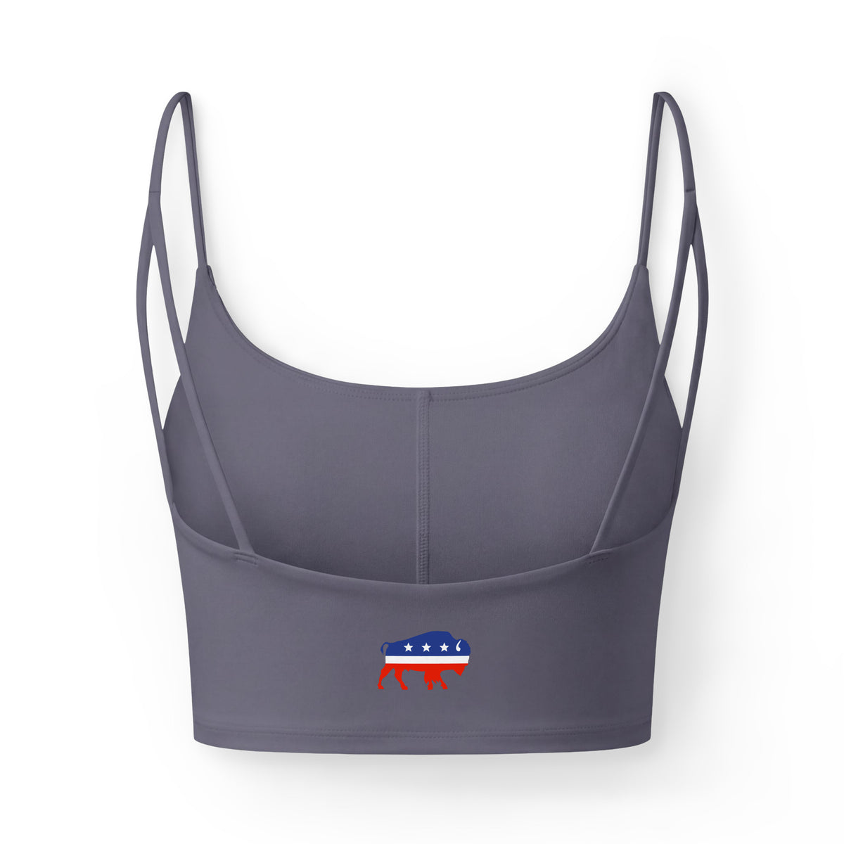 A dark gray sports bra with thin double shoulder straps and a small graphic of a donkey in the style of the American flag on the lower front, shown against a plain white background.