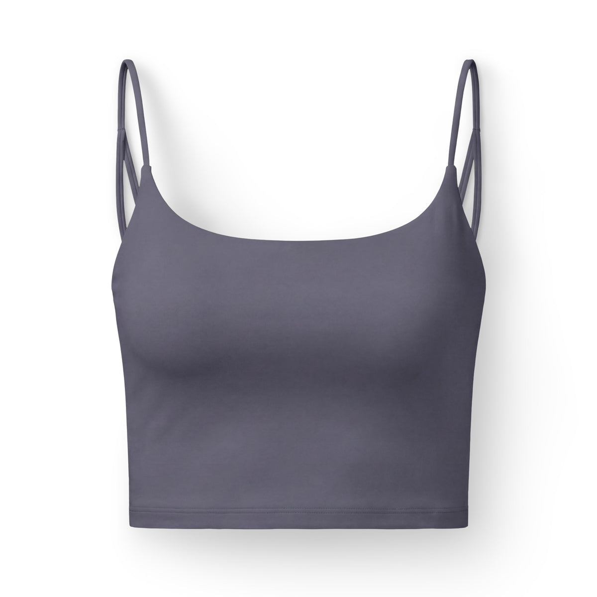 Gray sports bra with thin straps on a white background