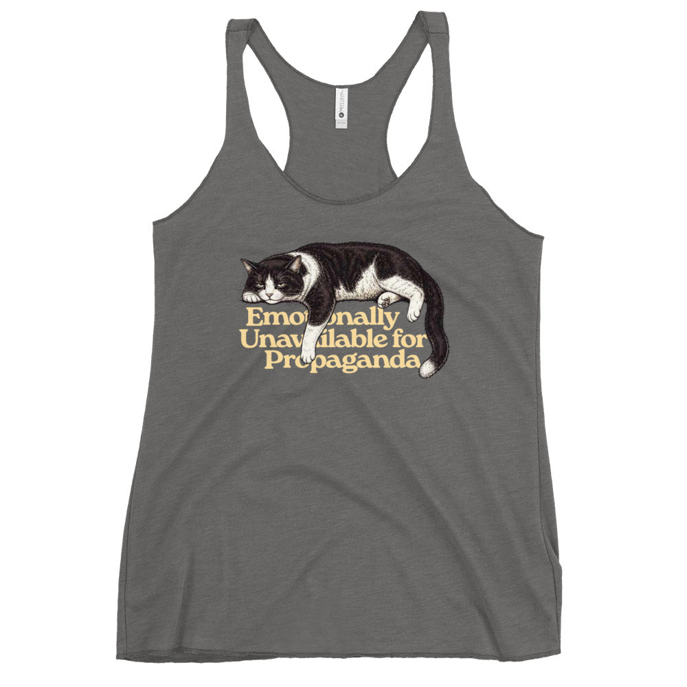 Heather gray women's racerback tank with a reclining cat and Emotionally Unavailable for Propaganda lettering