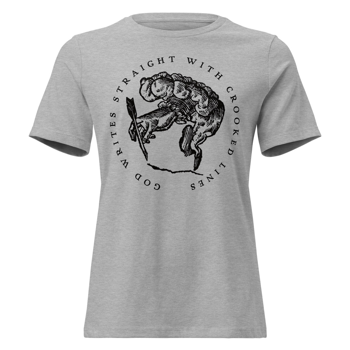 Gray t-shirt with black graphic design and text on a white background