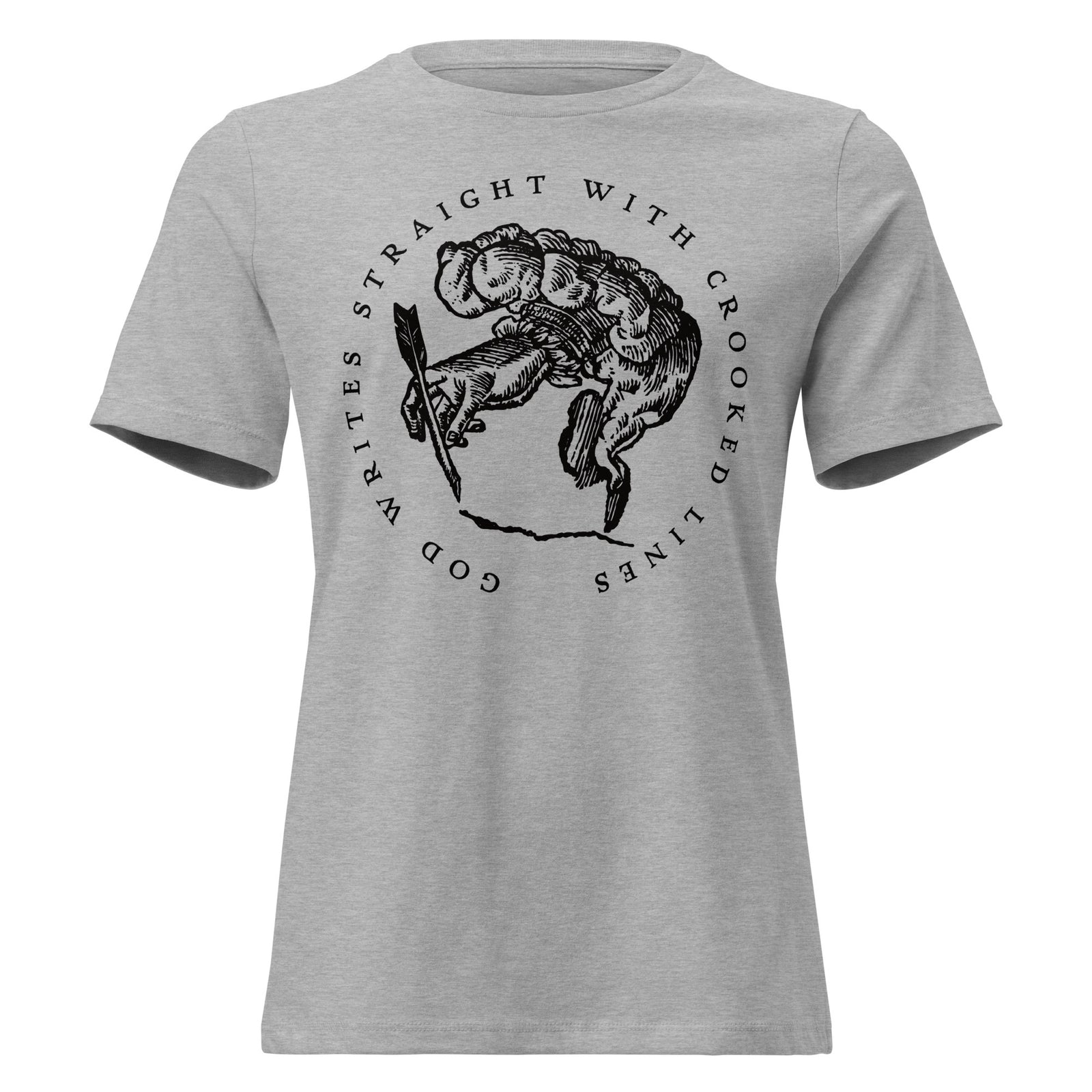 Gray t-shirt with black graphic design and text on a white background