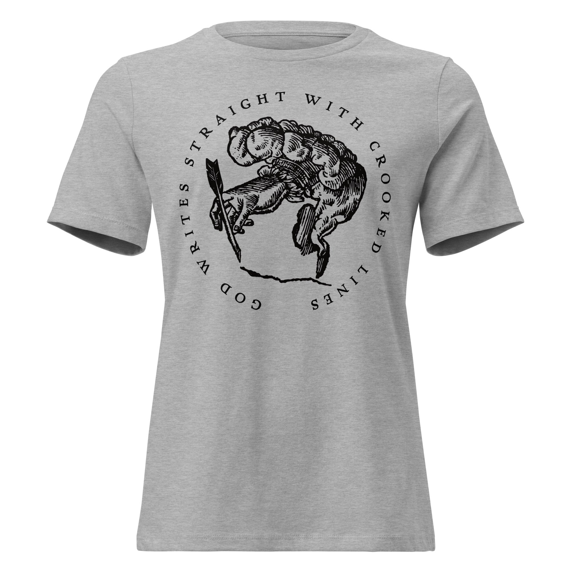 Gray t-shirt with black graphic design and text on a white background