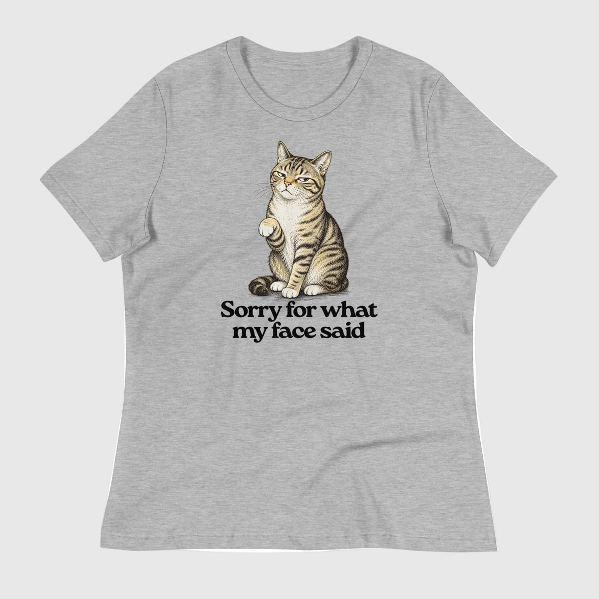 Sorry for what my face said athletic heather grey graphic t-shirt featuring a cat making a 'resting bitch face'