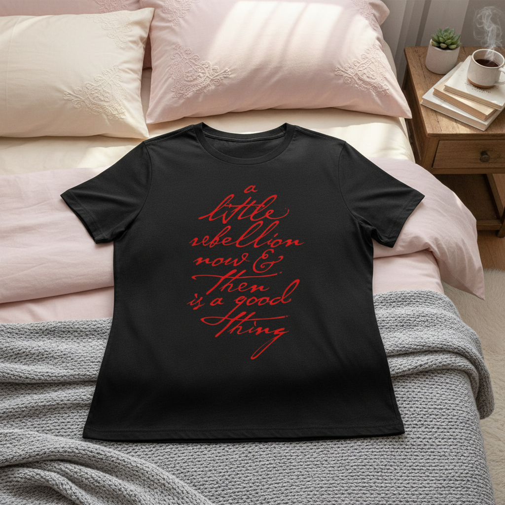 Black t-shirt with red text on a bed with pink bedding