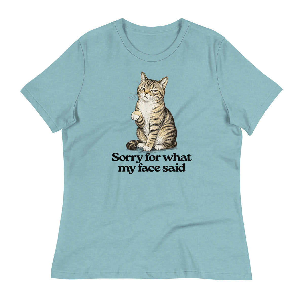 Sorry for what my face said heather blue graphic t-shirt featuring a cat making a 'resting bitch face'