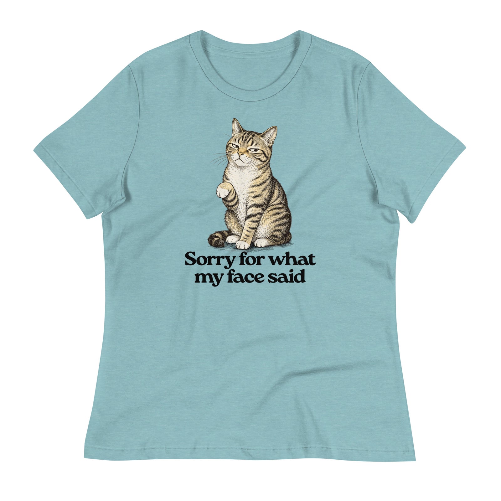 Sorry for what my face said heather blue graphic t-shirt featuring a cat making a 'resting bitch face'