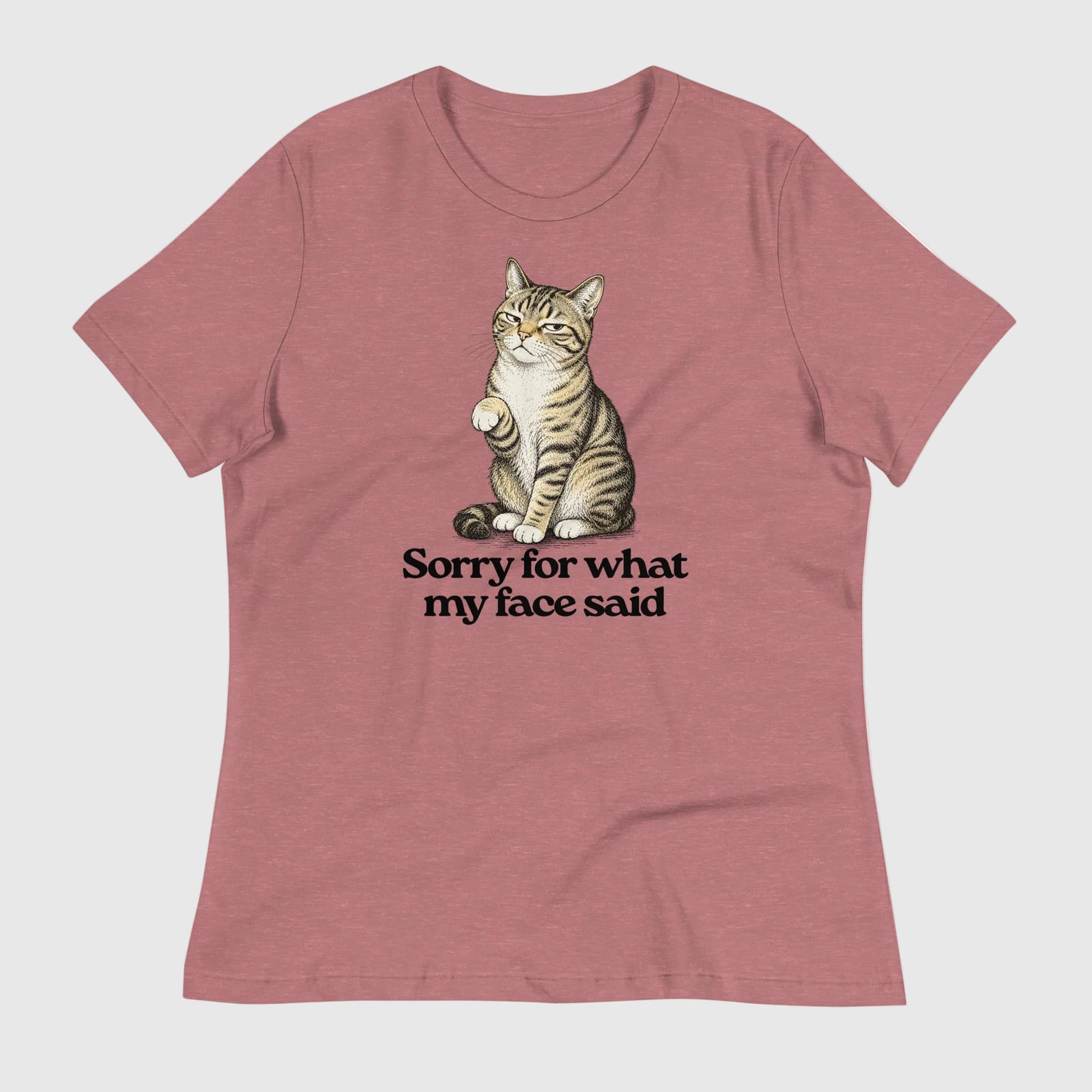 Sorry for what my face said heather mauve graphic t-shirt featuring a cat making a 'resting bitch face'