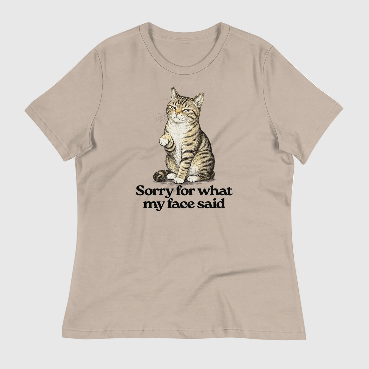 Sorry for what my face said graphic t-shirt featuring a cat making a 'resting bitch face'