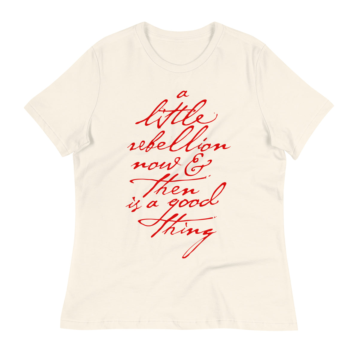 Natural white Thomas Jefferson Revolution quote t-shirt with red text on a white background