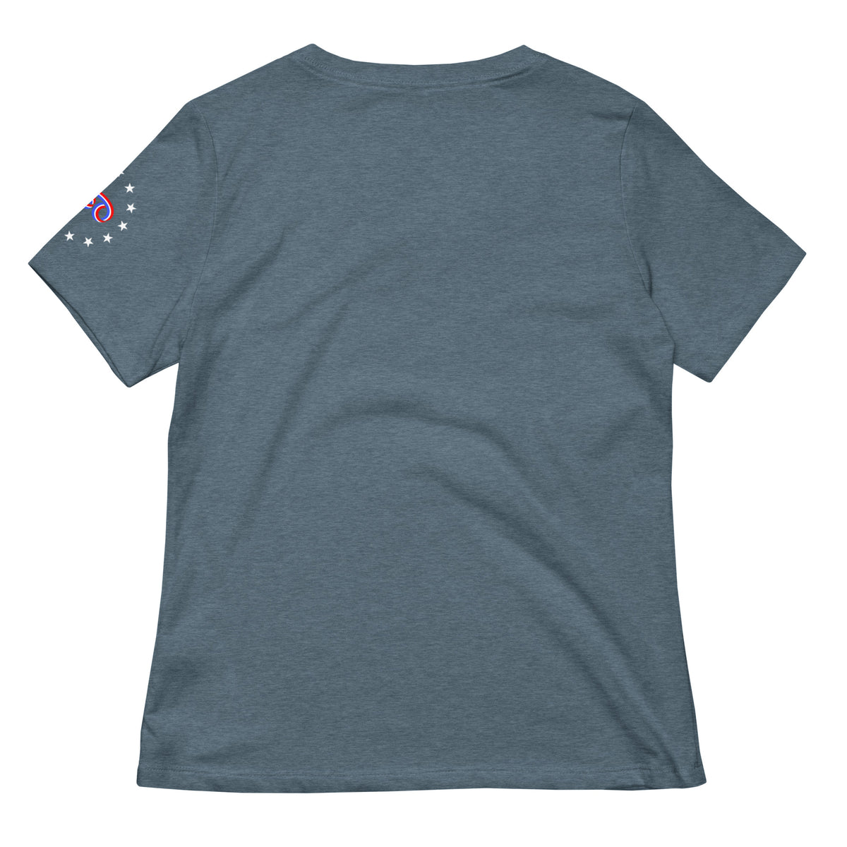 Blue t-shirt with a small logo on the sleeve against a white background