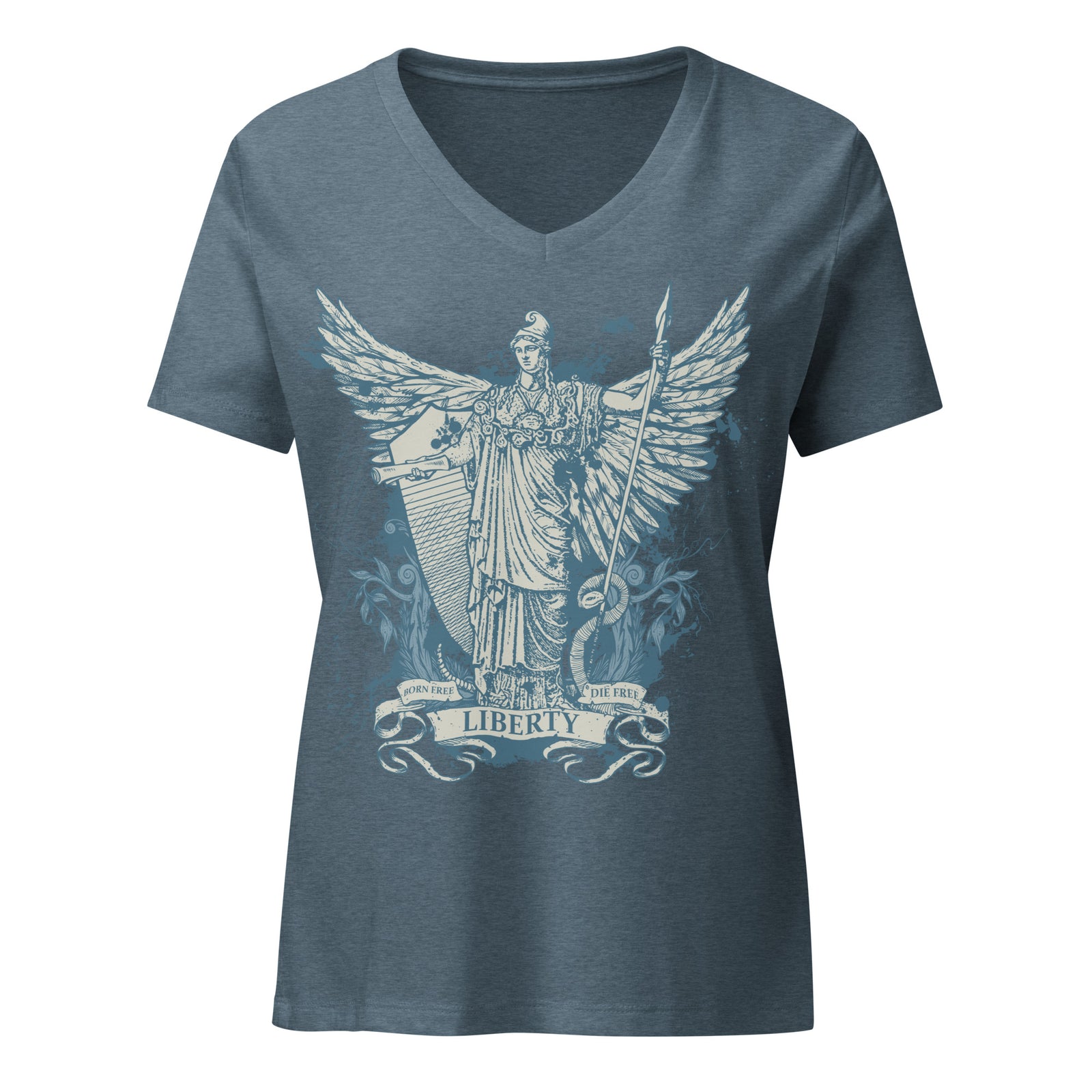 woman wearing a relaxed fit blue v-neck t-shirt with a graphic of the Roman Goddess Libertas on the front by Liberty Maniacs