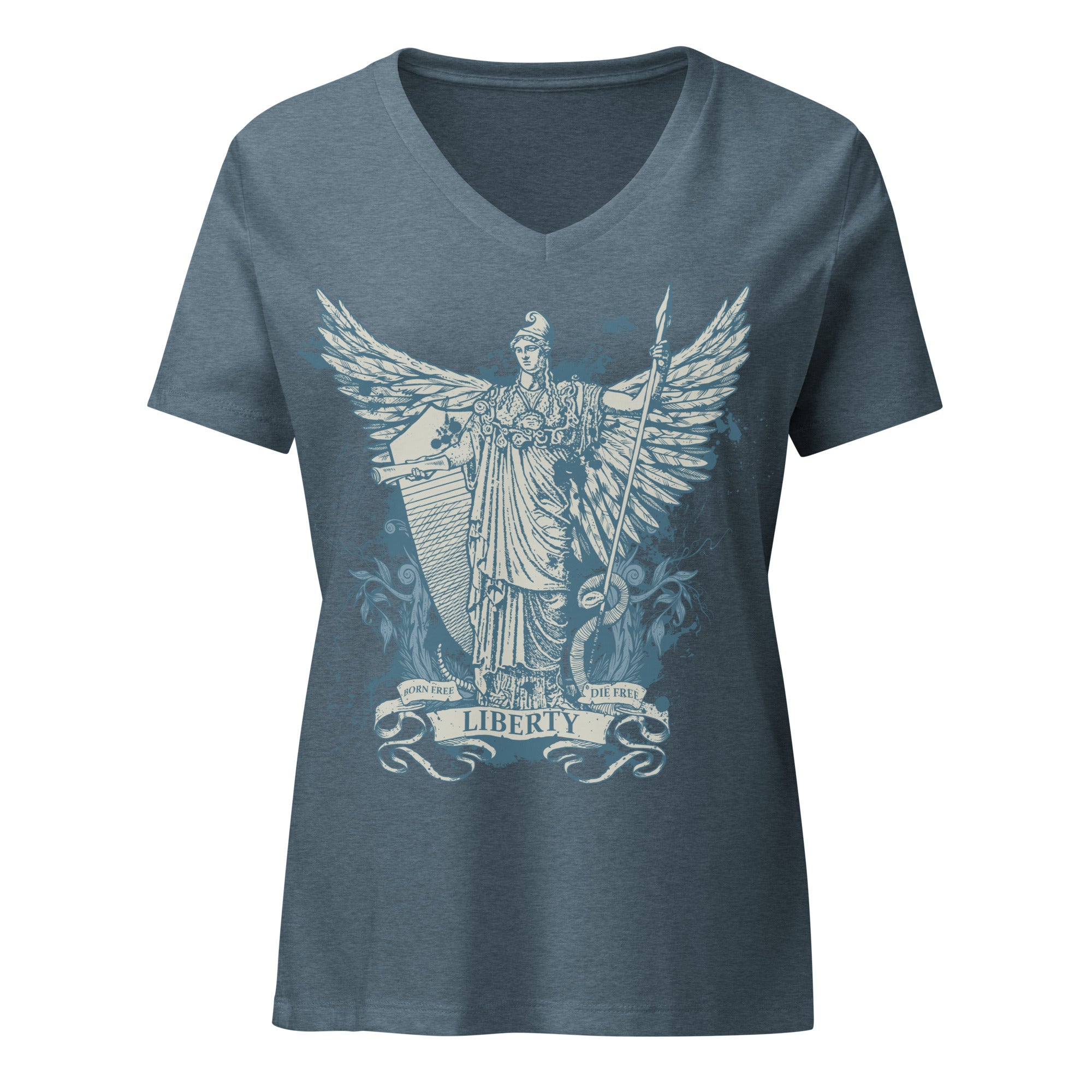 woman wearing a relaxed fit blue v-neck t-shirt with a graphic of the Roman Goddess Libertas on the front by Liberty Maniacs
