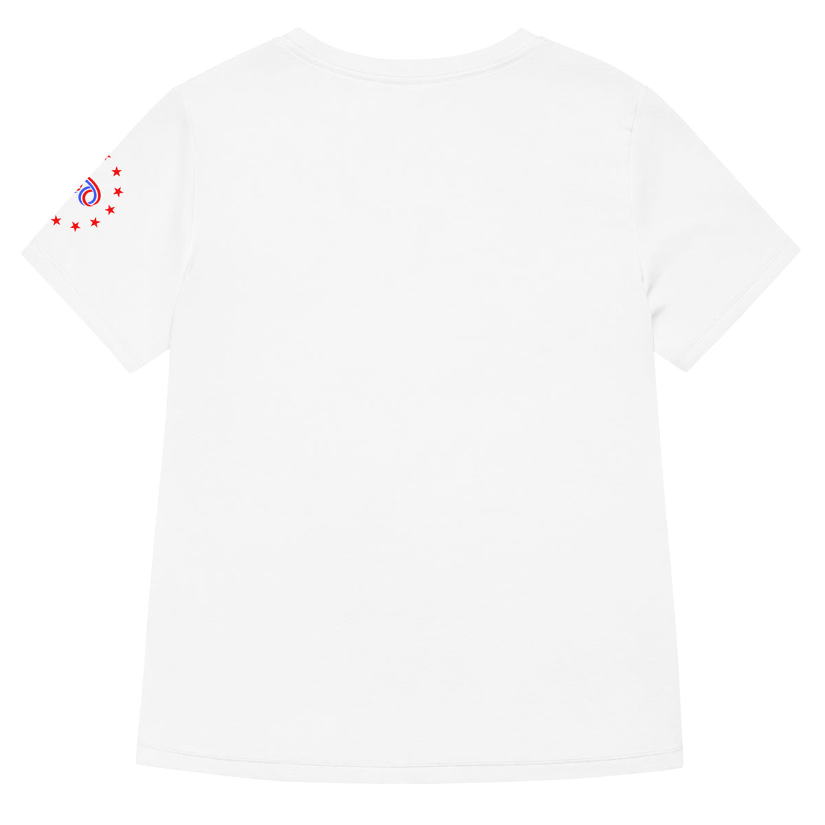 White t-shirt with a small logo on the left sleeve against a white background