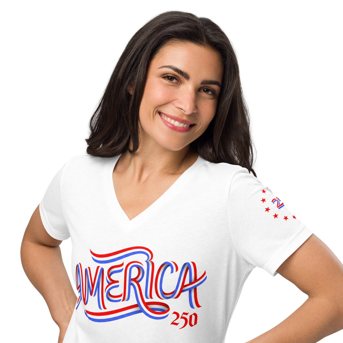 Woman wearing a white t-shirt with 'AMERICA 250' design on a white background