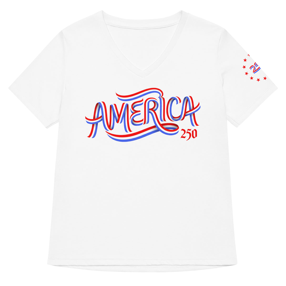 White t-shirt with 'AMERICA 250' text in red and blue on a white background