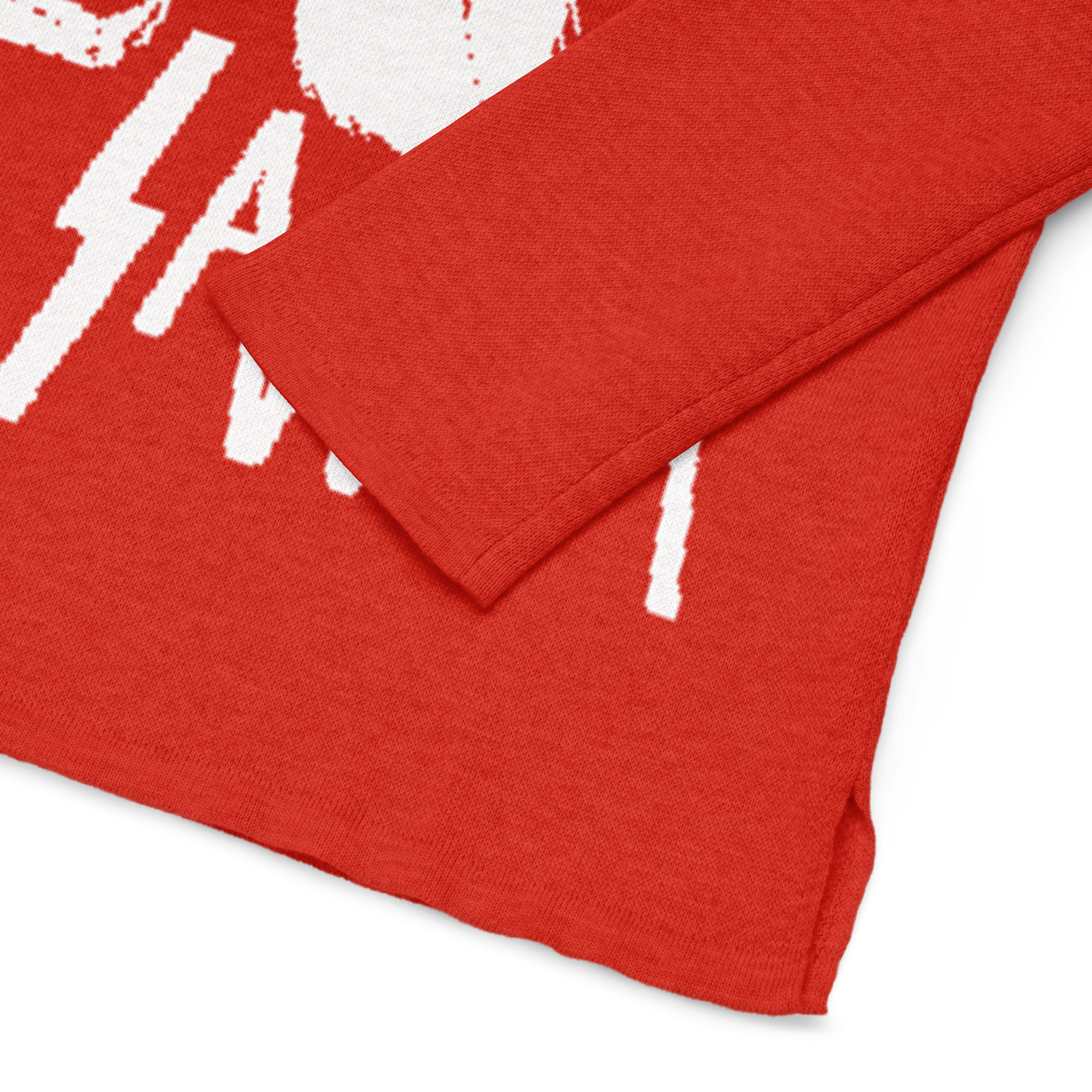 Red fabric with white text and patterns on a white background