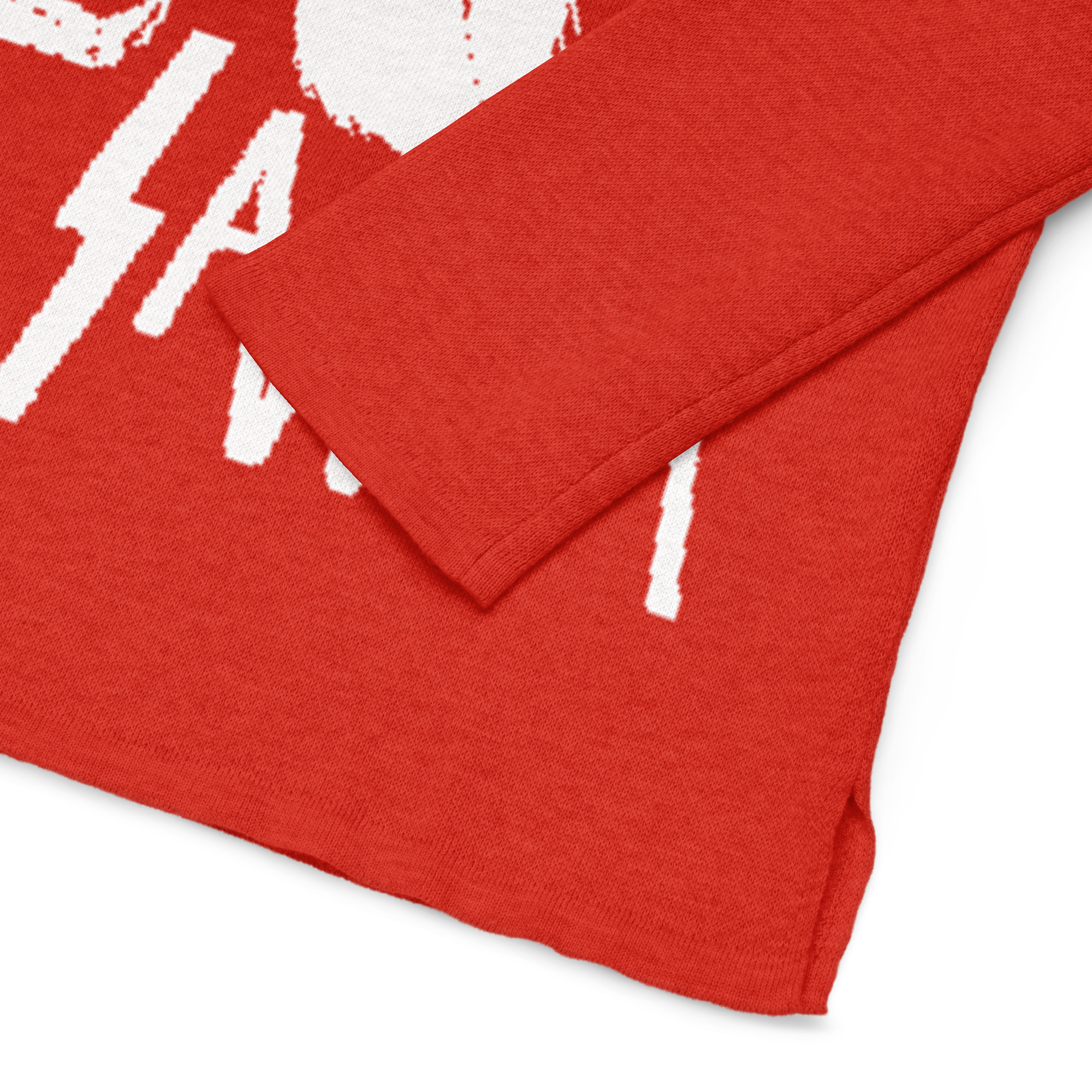 Red fabric with white text and patterns on a white background