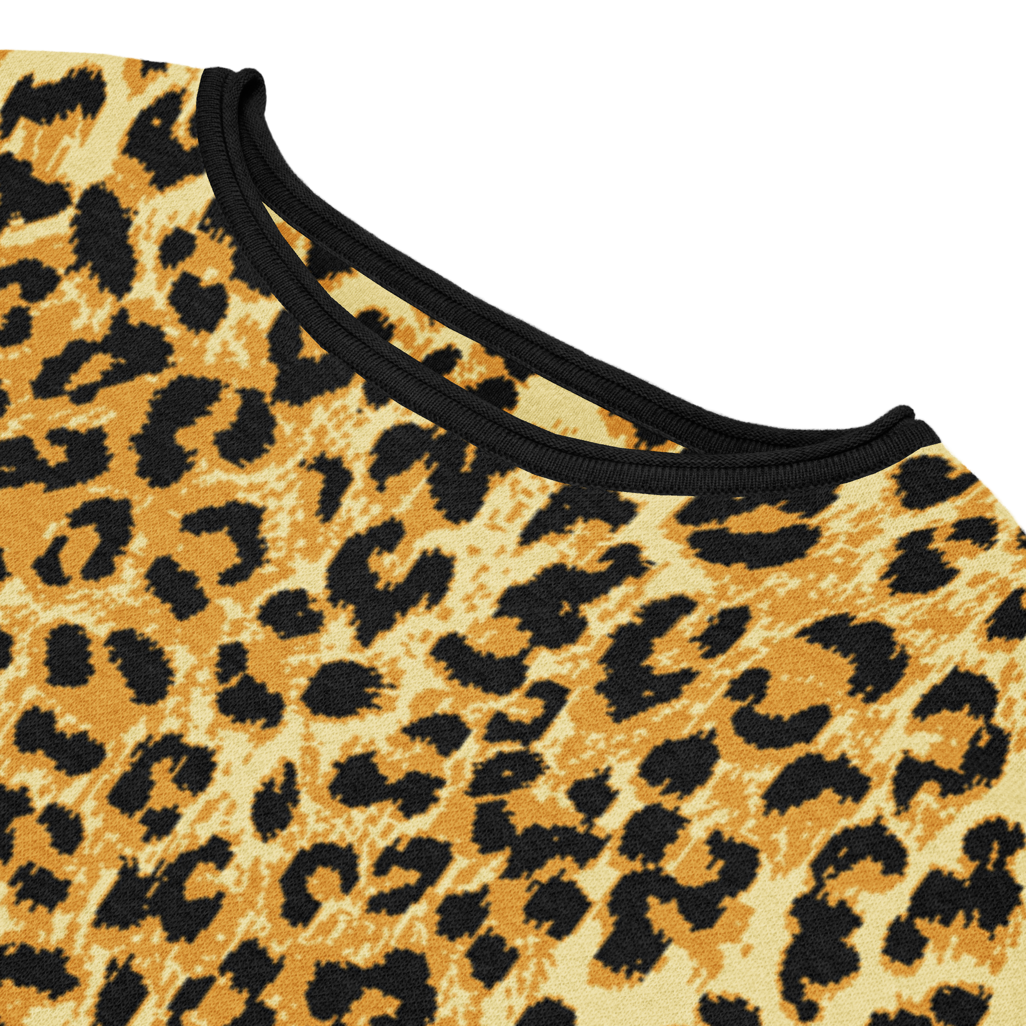 Close-up of a leopard print garment with black trim on a white background