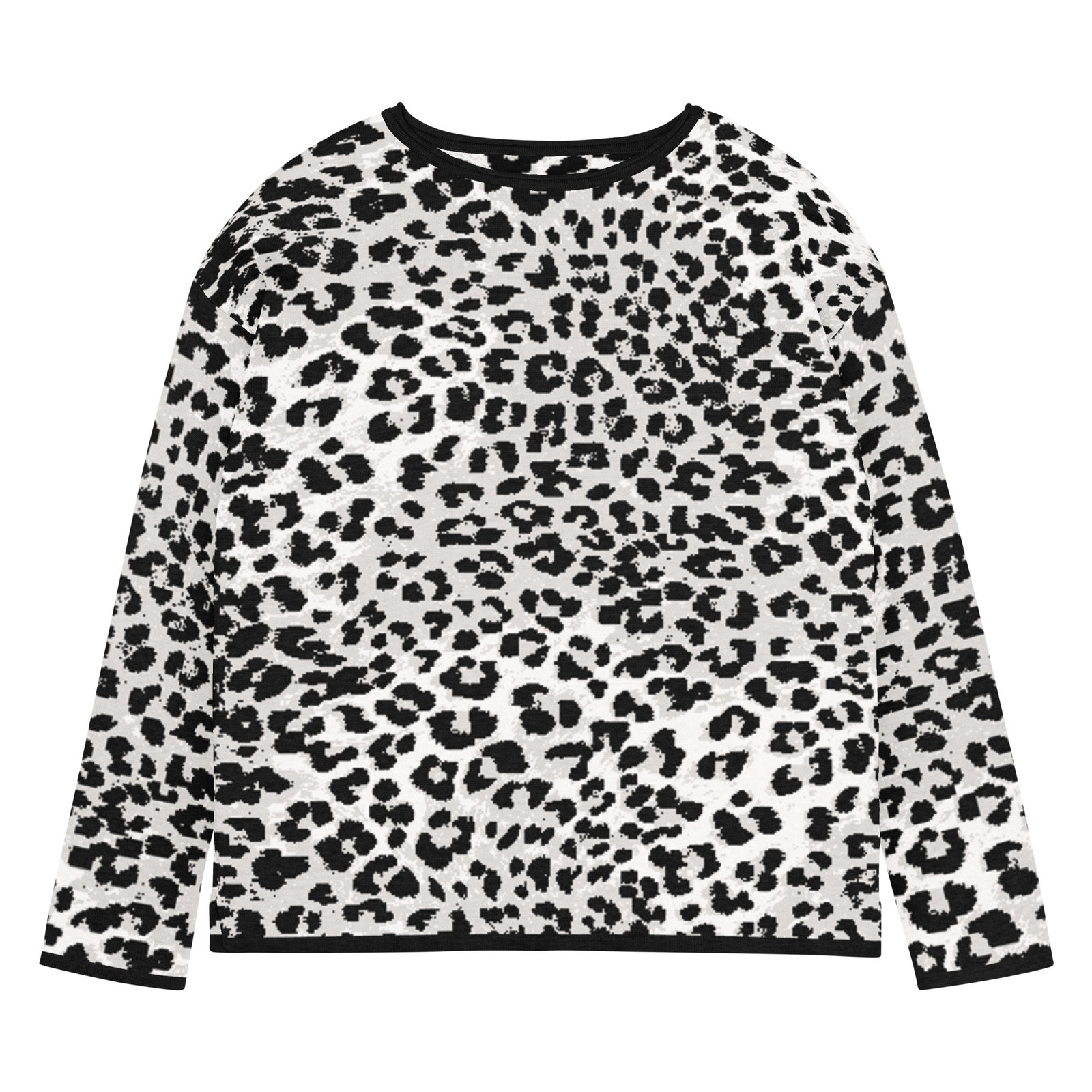 Woman wearing a snow leopard animal pattern knit sweater on a white background