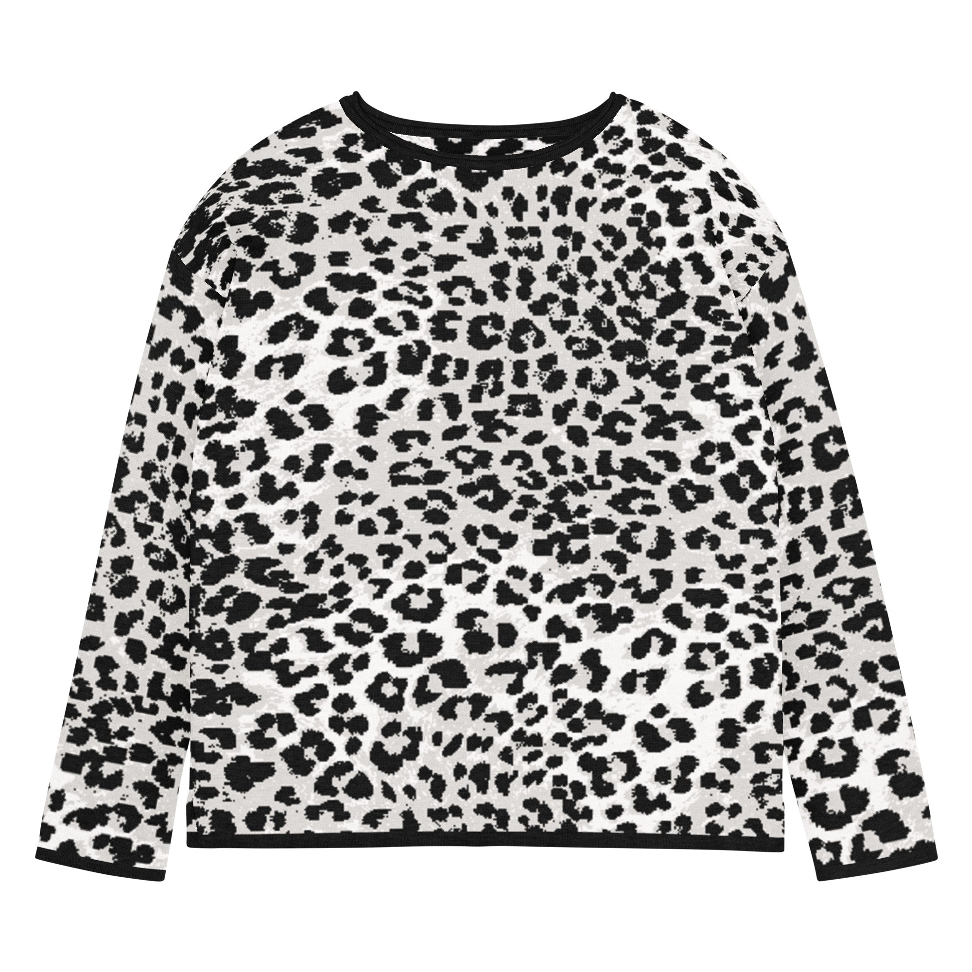 Woman wearing a snow leopard animal pattern knit sweater on a white background