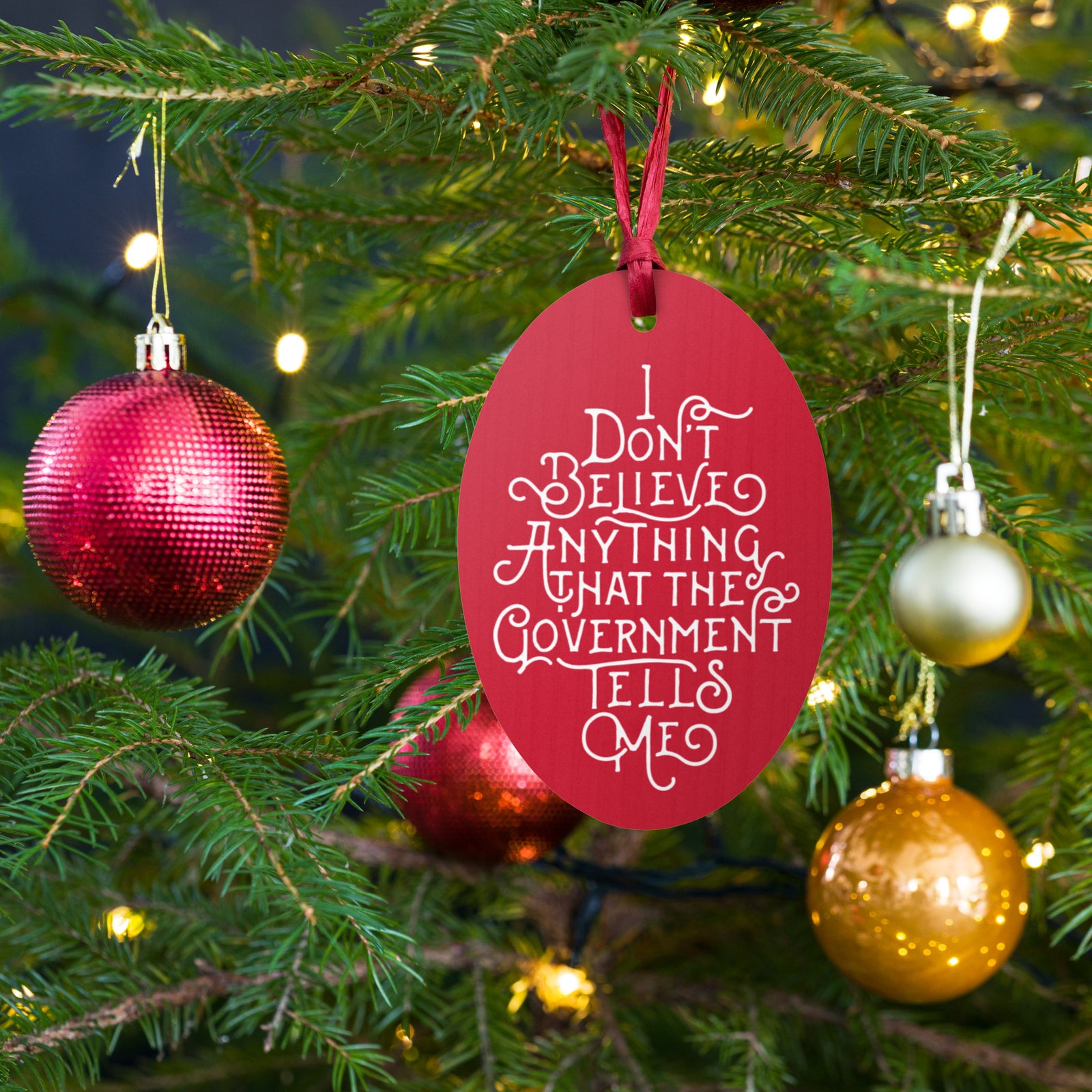 I Don't Believe Anything the Government Tells Me Wooden Magnet Ornaments