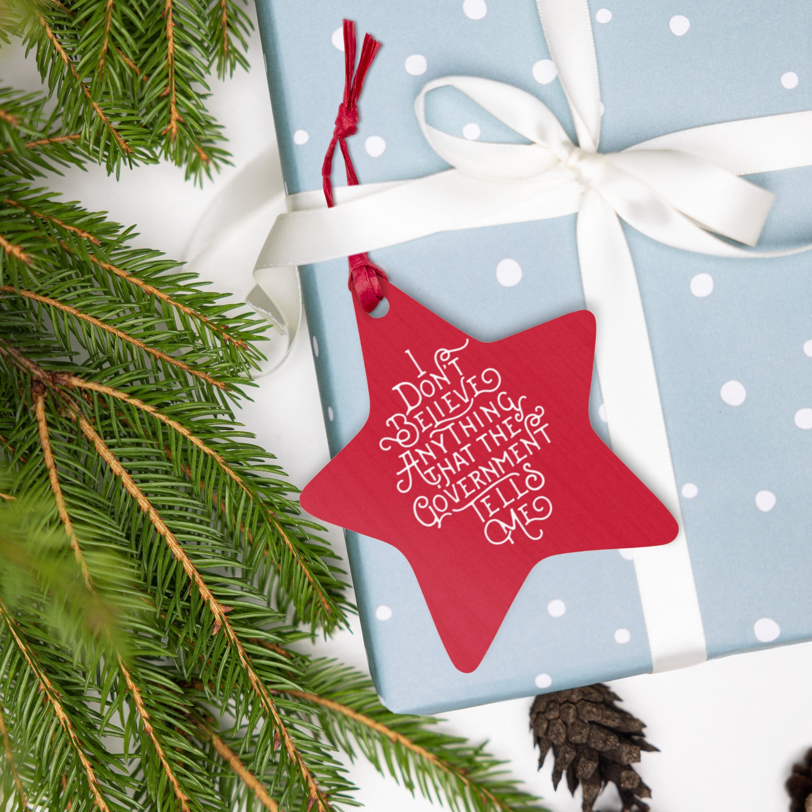 I Don't Believe Anything the Government Tells Me Wooden Magnet Ornaments