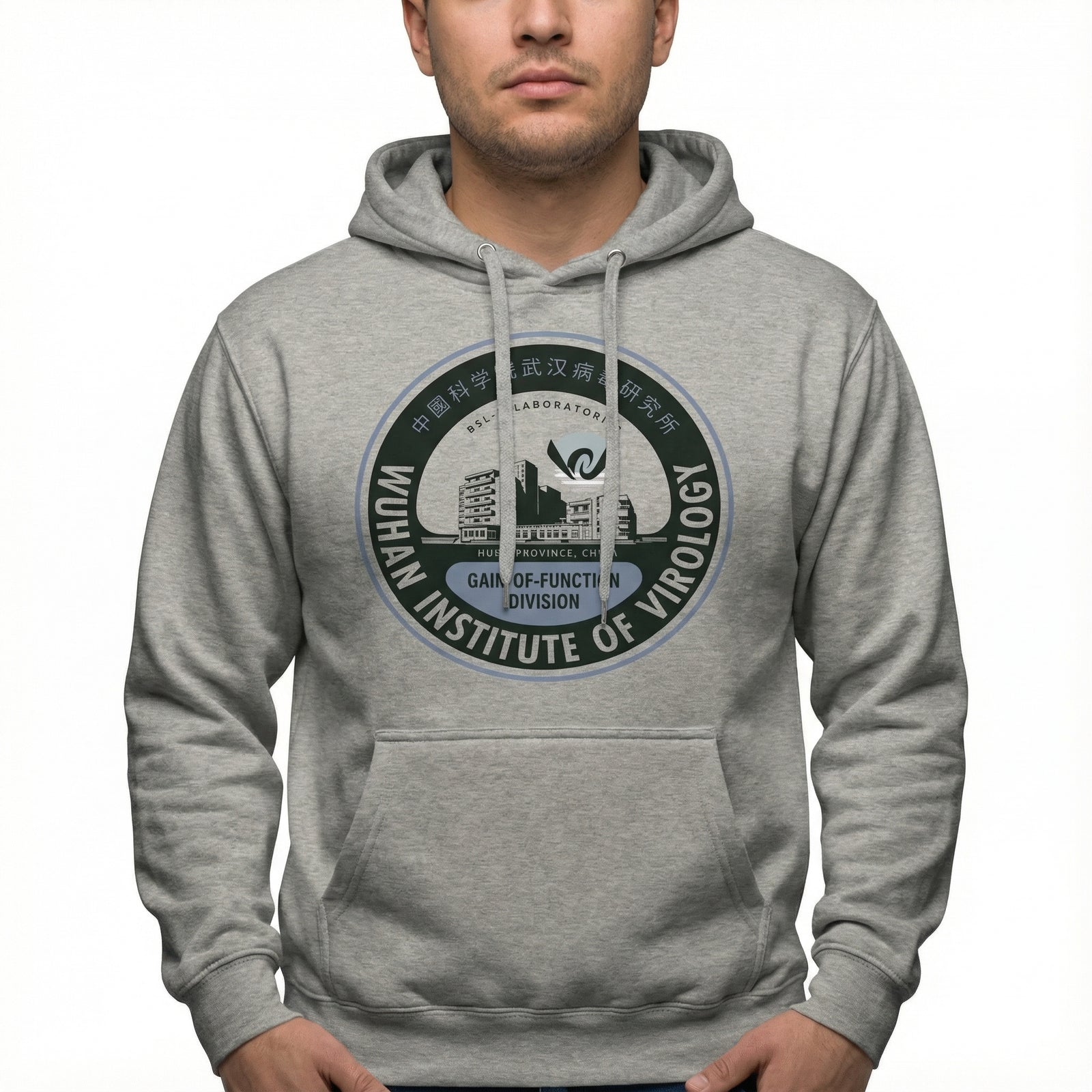 Person wearing a gray hoodie with a Wuhan Institute of Virology logo.
