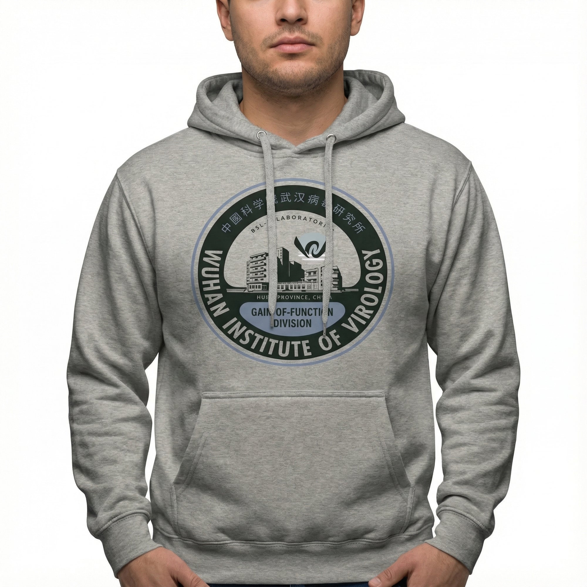 Person wearing a gray hoodie with a Wuhan Institute of Virology logo.