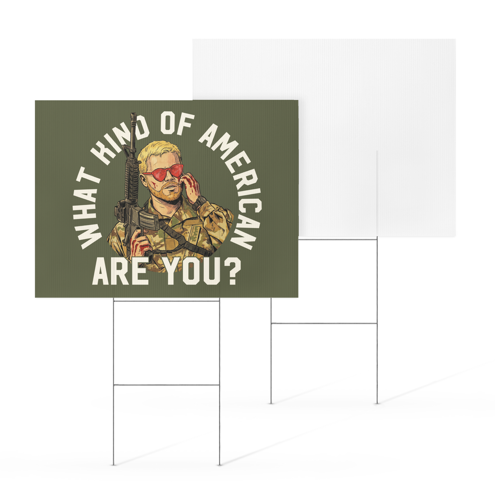 Political protest sign with graphic of person in military gear and sunglasses on grass