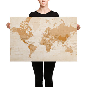Sepia World Map Hand Stretched 36 x 24 Canvas