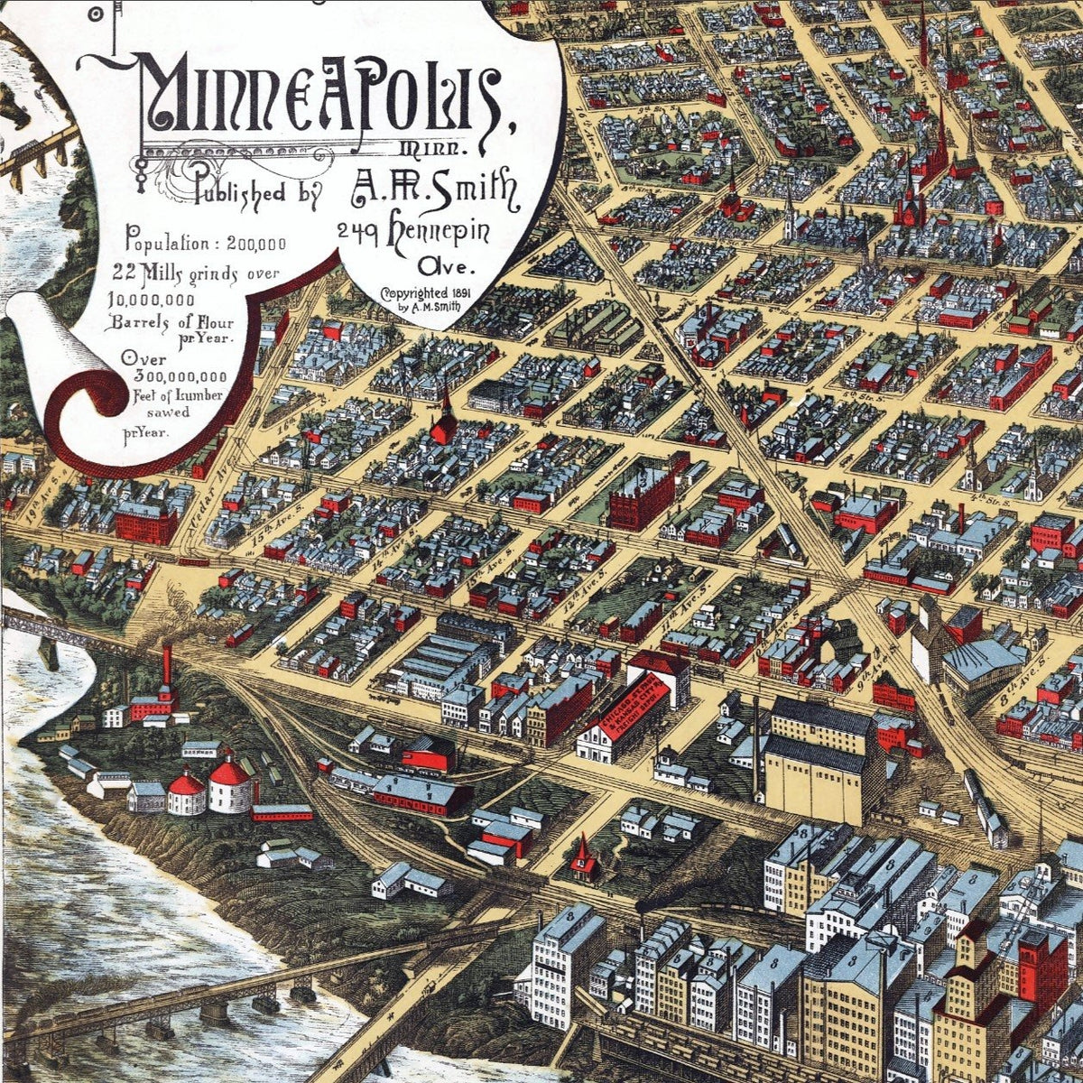 1891 Minneapolis Bird&#39;s Eye Giclée  Map Print