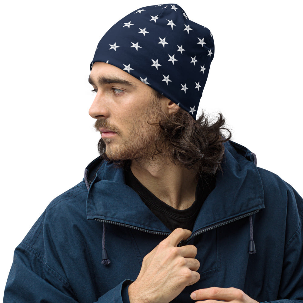 Navy Stars Vintage All-Over Print Beanie