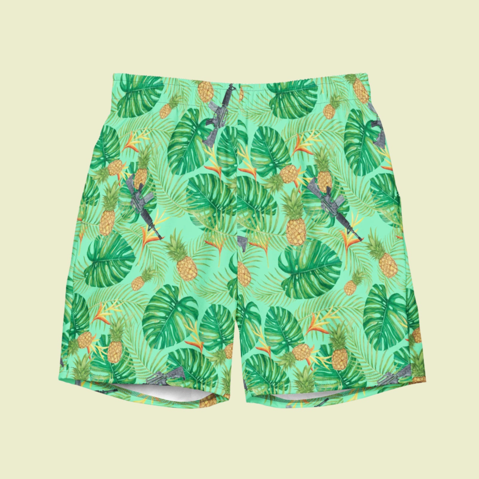Pineapples and Carbines Hawaiian Print Men's Swim Trunks