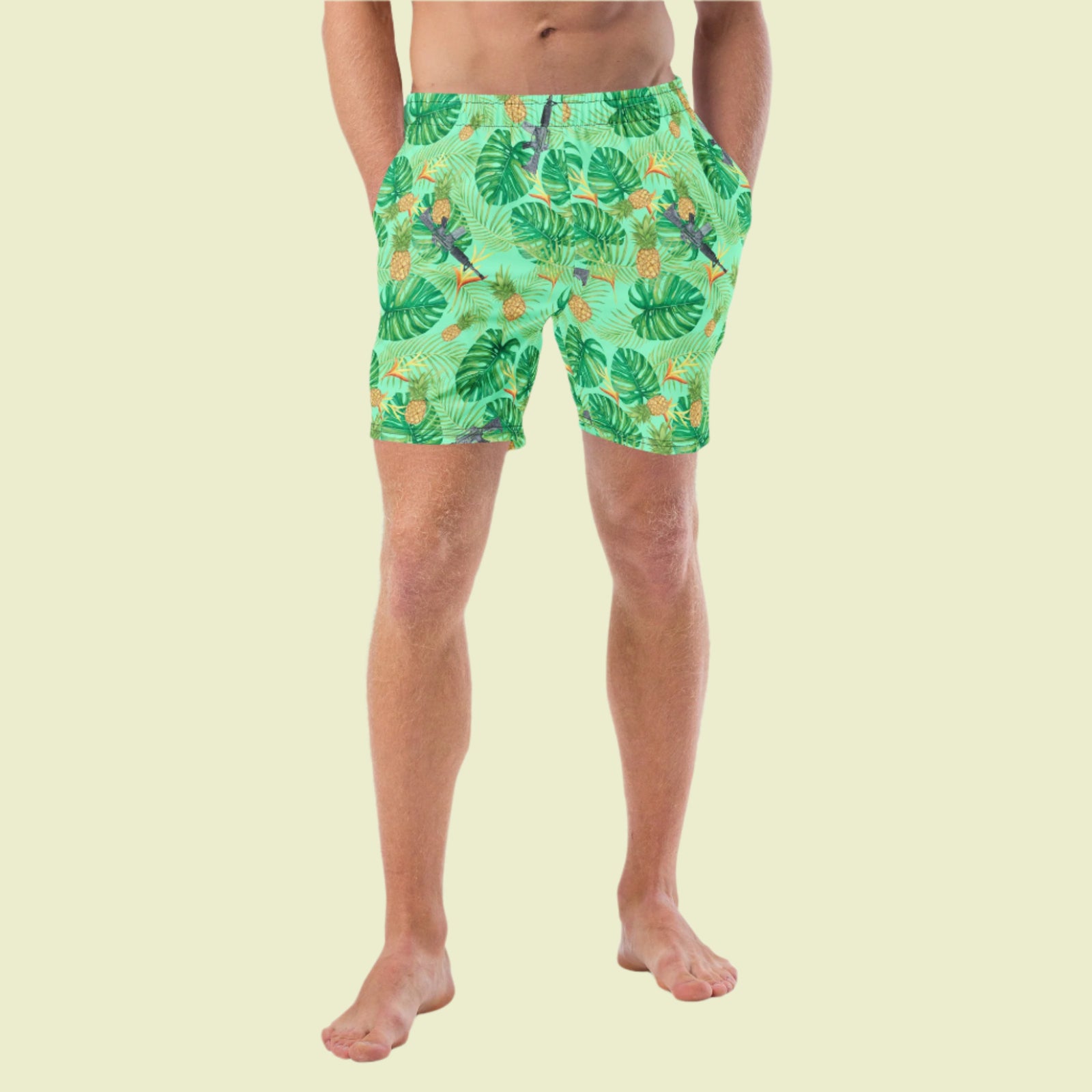 Pineapples and Carbines Hawaiian Print Men's Swim Trunks