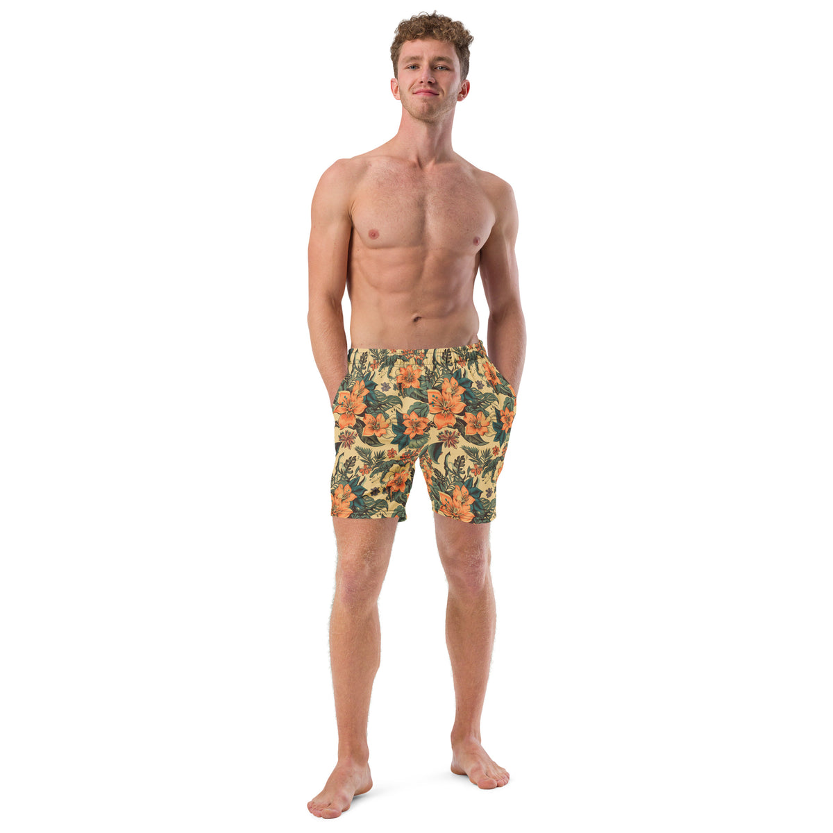Yellow Hibiscus Gun Hawaiian Swim Trunks for Men