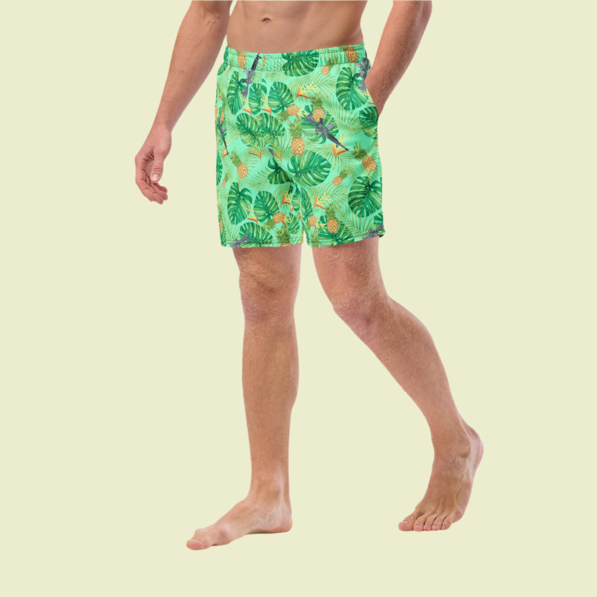 Pineapples and Carbines Hawaiian Print Men&#39;s Swim Trunks