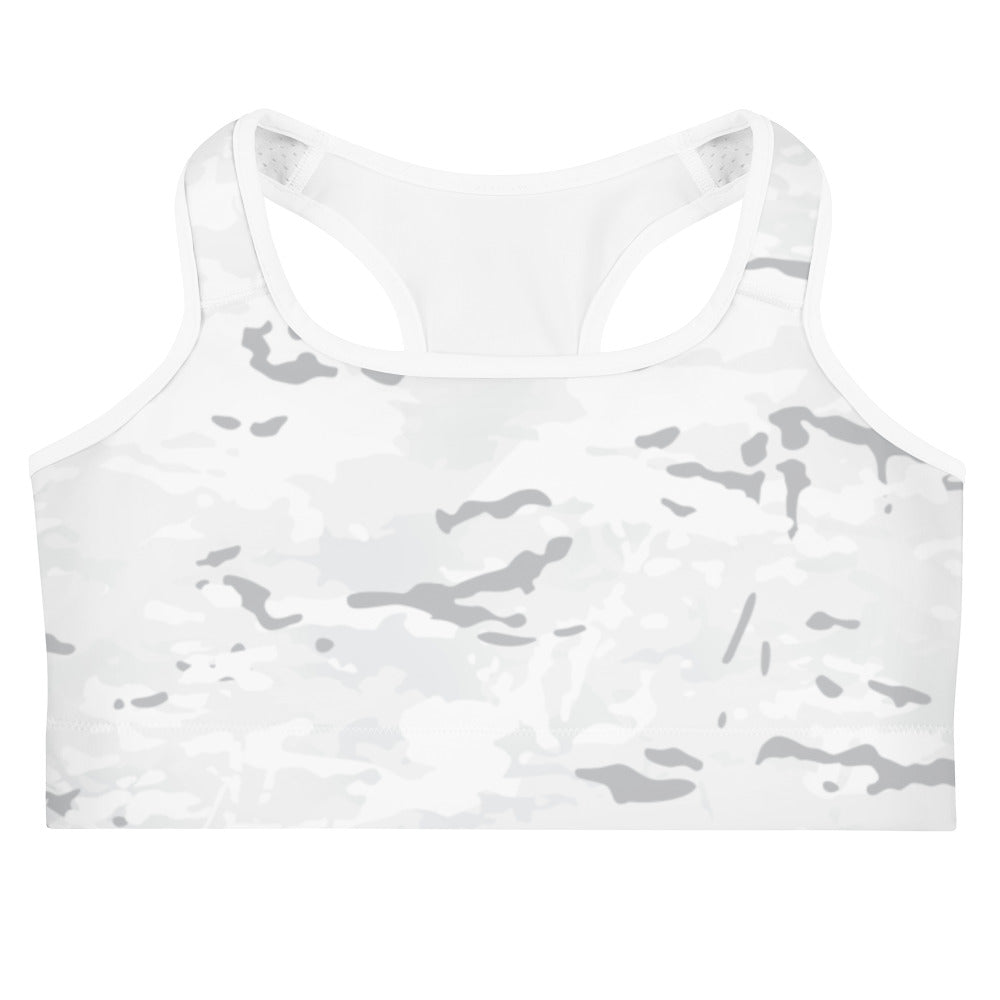 A white camouflage sports bra with a scoop neckline and wide shoulder straps.